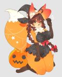  1girl :3 ahoge animal_ear_fluff animal_ears animal_feet animal_nose arm_up black_dress black_hat blush bow braid breasts brown_fur brown_hair covered_navel dress ears_through_headwear fluffy_tail fox_ears fox_girl fox_tail full_body furry furry_female green_eyes grey_background hair_bow halloween hat highres jack-o&#039;-lantern kneeling large_breasts long_hair looking_at_viewer neck_fur orange_fur original print_dress print_hat red_bow simple_background single_braid solo spider_web_print tail thick_thighs thighs toconikky white_fur witch_hat 