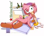  amy_rose bikini green_eyes hair hedgehog heineken looking_at_viewer pink_hair plain_background sandals sega skimpy sonic_(series) swimsuit towel 