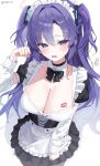  1girl alternate_costume apron black_bow black_bowtie black_choker black_dress blue_archive blush bow bowtie breasts choker cleavage collarbone cowboy_shot detached_collar detached_sleeves dress embarrassed enmaided eungae_09 eyelashes foreshortening frilled_apron frills furrowed_brow hair_intakes hair_ornament halo hand_up hashtag-only_commentary heart highres large_breasts lipstick_mark long_hair looking_at_viewer maid maid_headdress open_mouth paw_pose puffy_short_sleeves puffy_sleeves purple_eyes purple_hair short_sleeves simple_background solo sweat triangle_hair_ornament twitter_username two_side_up very_long_hair waist_apron wavy_mouth white_apron white_background yuuka_(blue_archive) 