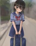  1girl bag black_hair blush egami hair_ornament hairclip holding holding_bag long_hair looking_at_viewer original school_uniform serafuku skirt solo 