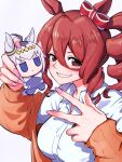  1girl absurdres aruke_(gter7727) breasts brown_eyes brown_hair drill_hair highres holding holding_stuffed_toy horse_girl looking_at_viewer norn_ace_(umamusume) oguri_cap_(umamusume) orange_sweater pink_nails shirt side_drill smile solo stuffed_toy sweater umamusume umamusume:_cinderella_gray upper_body v white_background white_shirt 