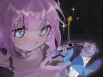  1boy 1girl ahoge black_background blue_eyes coat commentary cyrene_(honkai:_star_rail) dress gold_blood honkai:_star_rail honkai_(series) jewelry necklace phainon_(honkai:_star_rail) pink_hair pink_pupils short_hair smile symbol-only_commentary uvj9x2 white_coat white_dress white_hair 