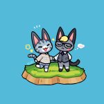  1boy 1girl absurdres animal_crossing animal_ears blue_background cat cat_boy cat_ears cat_girl cat_tail chibi chibi_only chibikemo closed_eyes commentary couple faux_figurine furry furry_female furry_male furry_with_furry glasses grass hetero highres holding_hands lolly_(animal_crossing) lovewolf5122 raymond_(animal_crossing) speech_bubble standing tail thought_bubble tsundere 