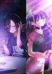  1boy 1girl absurdres artist_request black_hair black_shirt blue_eyes blush boku_no_kokoro_no_yabai_yatsu brown_eyes chair closed_mouth collarbone cropped_shirt earrings eyes_visible_through_hair hair_over_one_eye hand_on_headphones headphones highres holding holding_pen ichikawa_kyoutarou indoors jewelry key_visual long_hair necklace nude official_art on_chair parted_lips pearl_choker pen pencil_skirt print_shirt promotional_art ringed_eyes shirt short_hair short_sleeves sitting skirt skull_necklace standing t-shirt table triangle_earrings twintails white_skirt yamada_anna 