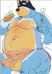 2025 anthro areola artxtcy australian_cattle_dog balls bandit_heeler barazoku belly biceps big_belly big_muscles bluey_(series) bodily_fluids candy canid canine canis cattledog claws colored colored_sketch dessert domestic_dog dripping eating erection eyebrows eyes_closed food foreskin fur genital_fluids genitals glans herding_dog holding_food holding_object hot_dog humanoid_genitalia humanoid_penis kemono male mammal marshmallow musclegut muscular muscular_anthro muscular_male navel nipples nude pastoral_dog pecs penis precum precum_drip shaded simple_background sitting sketch solo stick thick_arms thick_thighs tuft unretracted_foreskin vein white_background