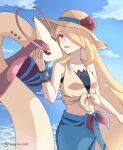  1girl beach blonde_hair blue_sarong blue_sky brown_hat cloud crop_top cynthia_(pokemon) cynthia_(summer_2025)_(pokemon) flower hair_over_one_eye hair_over_shoulder hat hat_flower highres long_hair looking_at_another midriff milotic moka_(sub_mochat) ocean official_alternate_costume open_mouth outdoors pokemon pokemon_(creature) pokemon_masters_ex sarong sky sun_hat twitter_username very_long_hair 