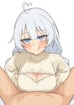  1boy 1girl absurdres ahoge blue_eyes breasts cleavage cleavage_cutout clothing_cutout gukr4322 heart heart_ahoge highres kizuna_akari large_breasts licking_lips looking_at_viewer lube naughty_face paizuri paizuri_under_clothes pov sweater tongue tongue_out turtleneck turtleneck_sweater vocaloid voiceroid white_background 