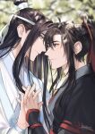  2boys ahoge artist_name bishounen black_hair black_hanfu blurry blurry_background chinese_clothes closed_mouth couple day depth_of_field english_commentary eye_contact face-to-face from_side grey_eyes hair_between_eyes hair_ribbon hanfu headband high_ponytail highres holding_hands interlocked_fingers lan_wangji long_hair long_sleeves looking_at_another male_focus minataka94 modao_zushi multiple_boys outdoors ponytail profile red_ribbon ribbon robe sidelocks sleeves_past_wrists smile topknot upper_body very_long_hair watermark wei_wuxian white_hanfu white_headband wide_sleeves xiao_guan_(headdress) yaoi yellow_eyes 