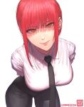  1girl absurdres black_necktie black_pants braid braided_ponytail breasts business_suit chainsaw_man collared_shirt formal_clothes highres long_hair long_sleeves looking_at_viewer makima_(chainsaw_man) medium_breasts medium_hair myumui necktie office_lady pants red_hair ringed_eyes shirt shirt_tucked_in sidelocks simple_background smile solo suit white_background white_shirt yellow_eyes 