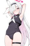  absurdres bare_shoulders black_hairband black_one-piece_swimsuit black_shirt blue_archive breasts covered_navel grey_hair hair_over_one_eye hairband halo highres multicolored_hair neckerchief one-piece_swimsuit one_eye_covered pink_hair plana_(blue_archive) red_halo saho_4545 school_swimsuit shirt small_breasts swimsuit thigh_strap two-tone_hair white_neckerchief 