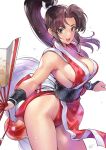  1girl :d breasts brown_eyes brown_hair fatal_fury floating_hair hair_intakes hand_fan high_ponytail highres holding holding_fan japanese_clothes large_breasts leotard long_hair matsuda_(matsukichi) motoyui obi pelvic_curtain ponytail red_leotard sash shiranui_mai simple_background smile solo the_king_of_fighters very_long_hair white_background 