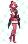  1girl adapted_costume bob_cut boots bow bowtie breasts commentary_request fingerless_gloves gloves hat heel_up highres large_breasts looking_at_viewer mini_hat own_hands_together pyra_(xenoblade) red_boots red_bow red_bowtie red_eyes red_hair red_shorts red_thighhighs shinae short_hair short_shorts shorts smile solo steepled_fingers swept_bangs thighhighs xenoblade_chronicles_(series) xenoblade_chronicles_2 