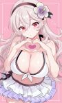  1girl absurdres bikini bikini_skirt black_hairband blush breasts cleavage female_corrin_(fire_emblem) female_corrin_(novice_vacationer)_(fire_emblem) fire_emblem fire_emblem_fates fire_emblem_heroes flower grey_hair hair_between_eyes hair_flower hair_ornament hairband heart heart_hands highres large_breasts long_hair looking_at_viewer n_54 navel official_alternate_costume pointy_ears red_eyes sideboob skindentation solo stomach sweat sweatdrop swimsuit thighs white_bikini white_hair 