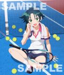  1girl :d antenna_hair arm_support ball blue_shorts blush breasts cleavage collarbone fang green_eyes green_hair indian_style looking_at_viewer medium_breasts mutou_miki official_art on_ground open_mouth outdoors racket shade shirt shiunji-ke_no_kodomotachi shiunji_minami shoes short_hair short_shorts short_sleeves shorts sitting smile sneakers socks solo sportswear sweat tennis_ball tennis_net tennis_racket tennis_uniform towel towel_around_neck white_shirt white_socks wiping_sweat wispy_bangs 