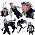  1boy black_gloves black_pants black_vest collared_shirt gloves grey_shirt headphones kalk0011 koby_(one_piece) male_focus multiple_views one_piece open_mouth outstretched_arm pants round_eyewear running shirt sideburns sweat teeth translation_request vest 