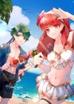  1boy 1girl abs alm_(fire_emblem) alternate_costume bandana beach bikini bird blue_jacket blue_shorts blue_sky breasts celica_(fire_emblem) cloud cloudy_sky couple creyton fire_emblem fire_emblem_echoes:_shadows_of_valentia flower food green_eyes green_hair hair_flower hair_ornament hand_fan hetero highres holding holding_fan holding_food jacket long_hair male_swimwear meat medium_breasts midriff navel orange_eyes orange_hair palm_leaf palm_tree prince princess red_eyes red_hair sand seagull short_hair shorts skirt sky stomach summer swim_trunks swimsuit tiara tree water white_bikini white_skirt 