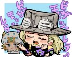  2boys beanie beard blonde_hair blue_eyes blush bridal_gauntlets cheese_song_(meme) chibi chibi_only clenched_hand closed_eyes cowboy_hat facial_hair goggles goggles_on_headwear gold_teeth green_lips grey_hat gyro_zeppeli hat hood hood_down hoodie horseshoe_hat_ornament horseshoe_ornament johnny_joestar jojo_no_kimyou_na_bouken long_hair looking_at_another makeup male_focus medium_hair meme motu705 multiple_boys music open_hand open_mouth purple_bridal_gauntlets purple_shirt shirt singing star_(symbol) star_print steel_ball_run translation_request white_hat white_hoodie 