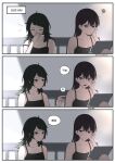  2girls absurdres anger_vein bang_dream! bang_dream!_it&#039;s_mygo!!!!! black_camisole black_hair blue_eyes camisole chinese_commentary chinese_text closed_eyes closed_mouth commentary_request highres long_hair messy_hair mole mole_under_eye multiple_girls open_mouth poking purple_eyes rankaku shiina_taki squiggle strap_slip stylus sweatdrop tablet_pc translation_request yahata_umiri yawning 