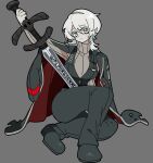  1girl arm_up black_coat black_shoes black_vest blue_eyes breasts brown_sweater closed_mouth coat coat_on_shoulders dress faust_(project_moon) grey_background grey_dress highres holding holding_sword holding_weapon kekeken large_breasts limbus_company looking_at_viewer project_moon ribbed_sweater shoes short_hair simple_background sitting solo sweater sword vest weapon white_hair zweihander 