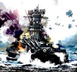  anti-aircraft_gun autocannon battleship cannon highres imperial_japanese_navy matsuda_juukou military military_vehicle no_humans ocean original range_finder ship ship_turret tbf_avenger type_96_aa_gun vehicle_focus warship watercraft waves yamato_(battleship) 