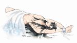  1boy abs alternate_hairstyle arms_up artist_name bdsm bed_sheet bishounen bite_mark black_hair blanket blush bondage bound bound_wrists english_commentary grey_eyes groin hair_down hickey highres implied_yaoi long_hair lying male_focus minataka94 modao_zushi nipples nude on_back parted_lips pectorals ribbon ribbon_bondage simple_background smile solo topless_male twitter_username under_covers wei_wuxian white_background white_ribbon 