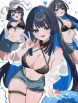  1girl :d absurdres bare_shoulders bikini bikini_under_shorts black_bikini black_hair blue_eyes blue_hair blunt_bangs breasts cleavage colored_inner_hair commentary cutoffs fangs front-tie_bikini_top front-tie_top hair_intakes hana20000920 hat heart highres hololive hololive_english jacket large_breasts long_hair midriff multicolored_hair multiple_views navel off_shoulder open_clothes open_jacket open_mouth ouro_kronii shorts simple_background skin_fangs smile swimsuit symbol-only_commentary thigh_strap two-tone_hair v very_long_hair virtual_youtuber white_background white_jacket 