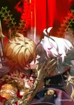  2boys antenna_hair arm_tattoo armlet black_shirt blonde_hair blood blood_on_face braid chest_tattoo clawed_gauntlets closed_eyes commentary dayooongg english_commentary facial_tattoo gold_necklace gradient_hair hair_between_eyes hand_on_another&#039;s_face highres honkai:_star_rail honkai_(series) jewelry kiss male_focus medium_hair multicolored_hair multiple_boys mydei_(honkai:_star_rail) necklace phainon_(honkai:_star_rail) red_hair red_tattoo shirt short_hair side_braid sun_print tattoo tears twitter_username white_hair yaoi yellow_blood 
