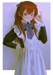  1girl absurdres adjusting_eyewear alternate_costume alternate_hairstyle apron bespectacled black_dress black_ribbon blush border closed_mouth cowboy_shot dress english_commentary enmaided eris_greyrat frilled_apron frills glasses hair_ribbon hand_on_eyewear hand_on_own_hip highres long_hair long_sleeves looking_at_viewer looking_over_eyewear maid mushoku_tensei neck_ribbon outside_border perorem red_eyes red_hair ribbon solo white_apron white_border 