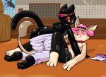 3_toes 4_fingers all_fours anthro anthro_on_anthro anus barefoot big_butt black_body black_bottomwear black_clothing black_fur black_nose black_pants blush bottomwear bottomwear_down brown_body brown_fur butt canid canine clothed clothing cowboy_hat cute_fangs domestic_cat duo_focus eyewear fangs feet felid feline felino felis fenn_(felino) fennec_fox fingers fox fur gloves_(marking) grey_body grey_fur grin group hat headgear headwear hi_res imminent_sex interspecies kerchief licorice_(felino) looking_down looking_up lying male male/male male_on_bottom male_on_top mammal markings nipples on_back on_bottom on_top pants pants_down partially_clothed pink_anus pink_clothing pink_eyewear pink_hat pink_headwear pink_nipples pink_sunglasses pixile_studios red_kerchief smile smirk sunglasses super_animal_royale tail tail_tuft tan_body tan_fur teeth toes topless true_fox tuft white_bottomwear white_clothing white_pants
