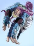 1boy anime_coloring araki_hirohiko_(style) battle_tendency blonde_hair blue_boots blue_gloves blue_jacket boots caesar_anthonio_zeppeli commentary_request facial_mark feather_hair_ornament feathers fingerless_gloves gloves green_eyes hair_ornament headband ishimoto_shun&#039;ichi jacket jojo_no_kimyou_na_bouken knee_pads layered_sleeves male_focus official_style pants purple_headband purple_scarf scarf shirt solo two-tone_headband white_pants white_shirt yellow_headband 