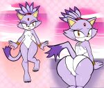 5_toes absurd_res anthro beach blackmore blaze_the_cat blush blush_lines bodily_fluids breasts butt camel_toe clothing domestic_cat feet felid feline felis female hi_res jewelry looking_at_viewer looking_back mammal one-piece_swimsuit outside purple_body purple_skin sega small_breasts solo sonic_the_hedgehog_(series) sweat sweatdrop swimwear tail toes white_one-piece_swimsuit