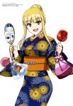  1girl :d absurdres bag bagged_fish ballpark_de_tsukamaete! blonde_hair blue_kimono blunt_bangs candy_apple copyright_name copyright_notice cowboy_shot ear_cuffs fang fish floral_print floral_print_kimono food hand_fan highres holding holding_candy_apple holding_fan japanese_clothes kimono kinchaku long_hair looking_at_viewer magazine_scan megami_magazine nail_polish obi obijime official_art open_mouth orange_nails orange_sash paper_fan pouch print_kimono ruriko_(ballpark_de_tsukamaete!) sash scan sidelocks simple_background smile solo sugimura_sonomi uchiwa water_yoyo white_background yellow_eyes yukata 