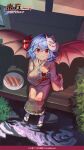  1girl alternate_costume artist_request bat_wings blue_hair closed_mouth commentary_request copyright_notice floral_print floral_print_kimono food fox_mask frilled_sleeves frills from_above fruit full_body highres japanese_clothes kimono long_sleeves looking_at_viewer mask mask_on_head obi obijime official_art pink_kimono plate porch print_kimono red_eyes red_sash remilia_scarlet sandals sash short_hair sitting smile socks solo touhou touhou_arcadia_record watermelon watermelon_slice white_socks wide_sleeves wings yukata 