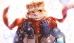 anthro clothing felid furloid gloves handwear kemono looking_at_viewer male mammal oyupo_kogane pantherine scarf simple_background snow snowflake snowing solo stripes tiger utau