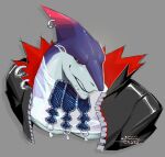  1boy agileentry artist_name bara black_jacket black_sclera chin_piercing colored_sclera crop_top dislyte dorsal_fin english_commentary face_piercing fin_piercing furry furry_male grey_background jacket male_focus muscular muscular_male pectorals piercing red_eyes shark_boy smile tetsuya_(akuru)_(dislyte) upper_body 