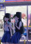  4girls :d absurdres ahoge black_eyes black_hair black_sweater_vest blue_skirt blush braid brown_hair collared_shirt convenience_store double_popsicle dress_shirt facing_away feet_out_of_frame food from_behind fujii_ayame futsuu_no_keion-bu green_hair guitar_case hair_ornament hairpin half-closed_eyes hatono_chihiro heartbreak_(futsuu_no_keion-bu) highres holding holding_food holding_ice_cream hood hoodie ice_cream indoors instrument_case instrument_case_on_back kouyama_rin long_hair looking_at_another medium_hair multiple_girls neck_ribbon night outdoors parted_bangs pink_hoodie pixie_cut pleated_skirt popsicle poster_(object) purple_hair red_ribbon ribbon rra_(yj) school_uniform shirt shirt_tucked_in shop short_hair short_sleeves sitting skirt smile summer_uniform sweater_vest tongue tongue_out twin_braids twintails uchida_momo whipped_cream white_shirt window wing_collar 