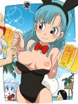  1boy 1girl alcohol animal_ears bald bare_shoulders beer beer_mug black_leotard blue_eyes blue_hair bow bowtie breasts bulma cup detached_collar dragon_ball dragon_ball_(classic) highres holding holding_cup ketsumoa leotard long_hair looking_at_another medium_breasts mug muten_roushi nipple_stimulation nipple_tweak nipples playboy_bunny rabbit_ears rabbit_tail red_bow red_bowtie solo_focus tail traditional_bowtie white_hair 