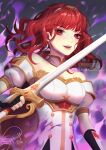  1girl armor aura breastplate breasts cape celica_(fire_emblem) celica_(imprisoned_soul)_(fire_emblem) choker cleavage dark_aura dress earrings evil_smile fingerless_gloves fire_emblem fire_emblem_echoes:_shadows_of_valentia gloves highres holding holding_sword holding_weapon jewelry long_hair medium_breasts orange_eyes orange_hair princess red_eyes red_hair saphirya smile sword tiara weapon white_armor white_dress 