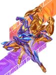  2boys absurdres armor clenched_hands dual_persona full_body glowing glowing_eyes gochipod helmet henshin_belt_gavv highres kamen_rider kamen_rider_gavv kamen_rider_gavv_(series) kamen_rider_gavv_master_mode kamen_rider_gavv_over_mode li_li_li_li_jun looking_at_viewer male_focus multiple_boys orange_armor power_fist purple_armor tokusatsu yellow_eyes 