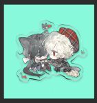  1boy 1girl animal_ears black_hair blue_eyes bow cat_ears chibi chibi_only gloves green_background hair_between_eyes hat heart long_hair long_sleeves looking_at_another low_ponytail original ponytail qyzhiaiyisheng red_eyes shirt short_hair white_hair 
