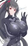  1girl absurdres arm_under_breasts black_bodysuit black_hair blue_archive bodysuit breasts closed_mouth covered_navel highres huge_breasts impossible_bodysuit impossible_clothes jam_(jamjam777) long_hair official_alternate_costume official_alternate_hairstyle ponytail red_eyes rio_(blue_archive) rio_(bodysuit)_(blue_archive) sidelocks solo 
