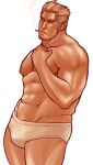  1boy abs ass bandaid bandaid_on_face bara bare_pectorals beard_stubble biceps blonde_hair bulge cid_highwind cigarette collarbone commentary_request facial_hair final_fantasy final_fantasy_vii hand_on_own_chest looking_to_the_side magnum_feering muscular muscular_male navel nipples pectorals smoke smoking stubble topless_male white_background 