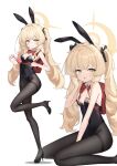  1girl absurdres alternate_costume alternate_hairstyle animal_ear_hairband animal_ears bag bare_arms bare_shoulders between_legs black_hairband black_leotard black_ribbon black_shoes blonde_hair blue_archive blush bow bowtie breasts ciza_gomi cleavage closed_mouth crime_prevention_buzzer detached_collar fake_animal_ears green_eyes hair_ribbon hairband halo hand_between_legs high_heels highres holding holding_bag leotard long_hair looking_at_viewer open_mouth playboy_bunny professor_niyaniya_(blue_archive) rabbit_ear_hairband rabbit_ears red_bag red_bow red_bowtie ribbon shoes sidelocks sitting small_breasts smile solo standing standing_on_one_leg strapless strapless_leotard twintails wariza yellow_halo 