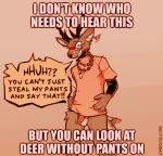 2025 anthro antlers balls blush bottomless bottomless_anthro bottomless_male caption chain chain_necklace clenched_teeth clothed clothing deer dialogue ear_twitch english_text eyebrows flaccid flustered forced foreskin fur genitals hand_on_hip horn humanoid_genitalia humanoid_penis humor impact_(font) jewelry lawyerdog looking_down male mammal meme motion_blur motion_lines necklace panko_(lawyerdog) penis questionable_consent restricted_palette secretly_loves_it shirt simple_background smile solo speech_bubble standing stolen_clothing surprised_expression tail tail_motion tailwag tan_background teeth text the_truth topwear tuft unretracted_foreskin url