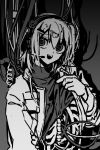  1girl a.i._voice adachi_rei android arm_at_side cable clothes_lift commentary_request exposed_bone greyscale hand_up headlamp headset highres jacket kirihi_ko lifting_own_clothes long_sleeves looking_at_viewer monochrome one_side_up open_clothes open_jacket open_mouth ribs robot_girl shadow shirt shirt_lift short_hair simple_background smile solo turtleneck turtleneck_shirt upper_body utau 