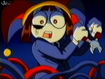  1990s_(style) 1girl asymmetrical_gloves blue_eyes blue_gloves blush_stickers bomb brown_hair colored_skin explosive gloves hat highres jester jester_cap lueduar mismatched_gloves multicolored_eyes pomni_(the_amazing_digital_circus) red_eyes red_gloves retro_artstyle scene_reference striped_clothes striped_headwear the_amazing_digital_circus two-tone_eyes vertical-striped_clothes vertical-striped_headwear wire wrench 