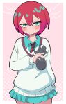  1girl amate_yuzuriha aqua_eyes aqua_shirt aqua_skirt bad_link blush breasts buzzlyears collared_shirt grabbing_another&#039;s_breast groping gundam gundam_gquuuuuux highres holding long_sleeves looking_at_viewer mobile_suit_gundam necktie red_hair school_uniform shirt short_hair simple_background skirt sweater 