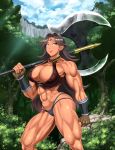  1girl amazon_(goblin_slayer!) bare_shoulders breasts circlet cleavage cleavage_cutout clenched_hand crop_top dark_skin earrings forest goblin_slayer! halberd halterneck huge_breasts jewelry long_hair muscle muscular_female nature polearm shopyun sleeveless smile solo thong vambraces weapon 