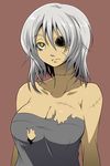  1girl bags_under_eyes bare_shoulders breasts bust cleavage collar collarbone frown highres jewelry kara_age large_breasts long_hair missing_eye monster_girl original scar short_hair solo stitches torn_clothes upper_body white_hair yellow_eyes zombie 