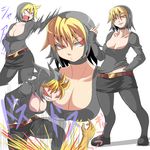  1girl angry black_hair blonde_hair boots breasts cleavage evil_grin evil_smile fangs frown genderswap grin kara_age king_of_fighters large_breasts m.u.g.e.n middle_finger midnight_bliss multicolored_hair multiple_views pantyhose red_eyes short_hair skirt sleeves_past_wrists smile snk teeth thighhighs yamazaki_ryuji yamazaki_ryuuji 